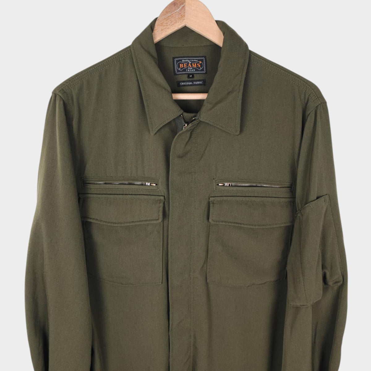BEAMS PLUS Men's Green 100% Wool Military Zip Blouson Jacket