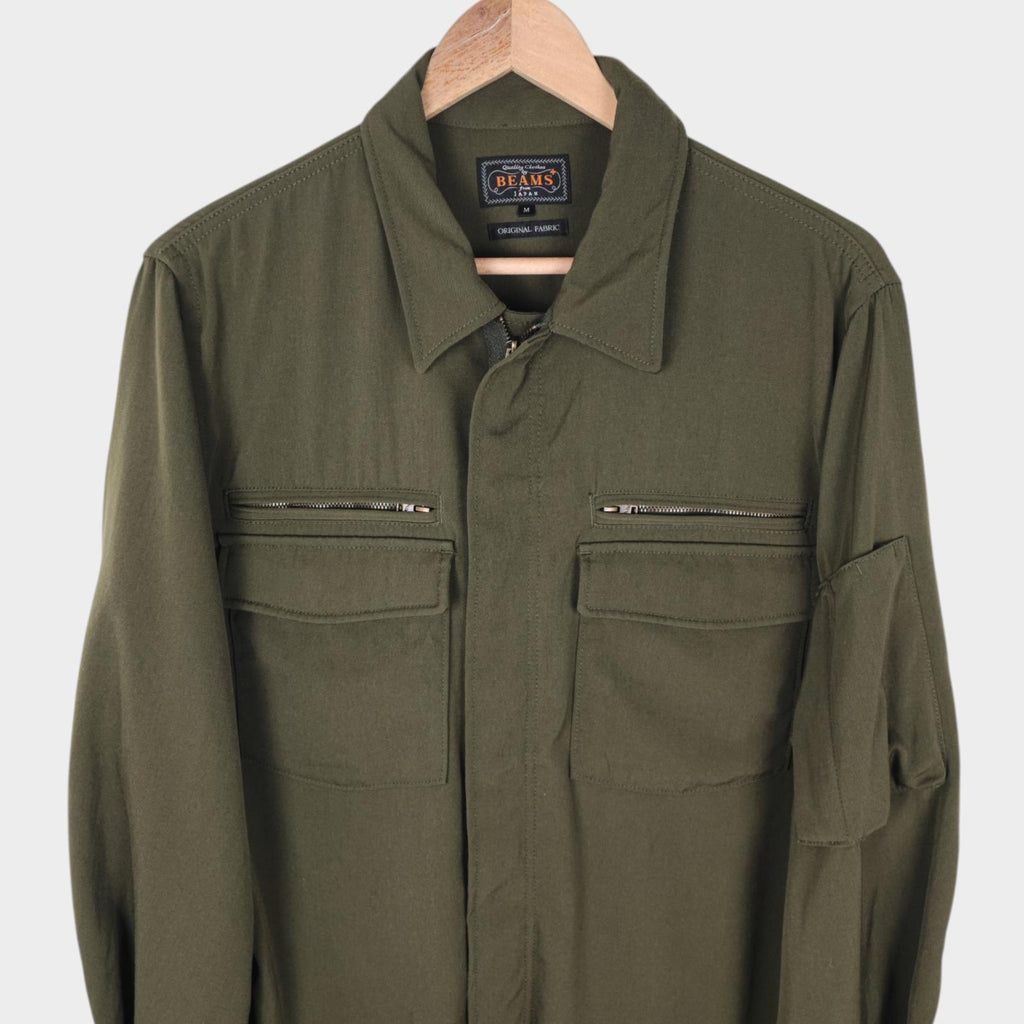 BEAMS PLUS Men's Green 100% Wool Military Zip Blouson Jacket