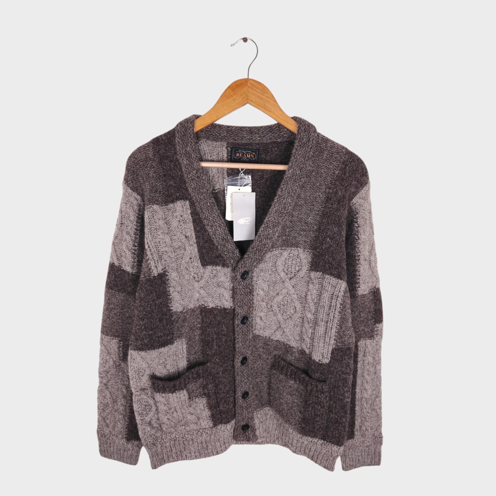 BEAMS PLUS Men's 100% Wool Patchwork Knit Cardigan