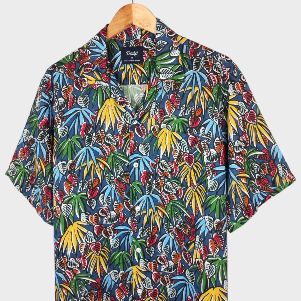 DRAKE'S Men's Leaves Print Linen Camp Collar Shirt