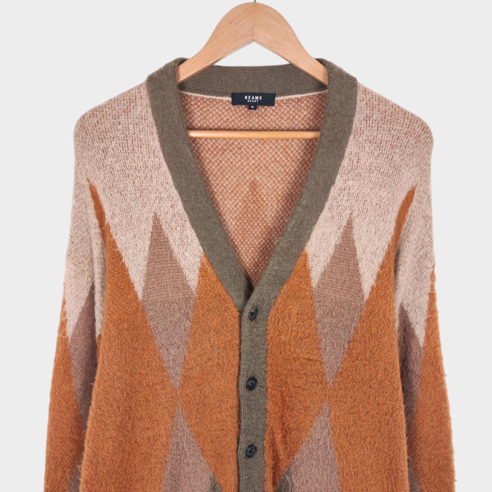 BEAMS HEART Men's Mohair Blend Shaggy Grunge Argyle Cardigan