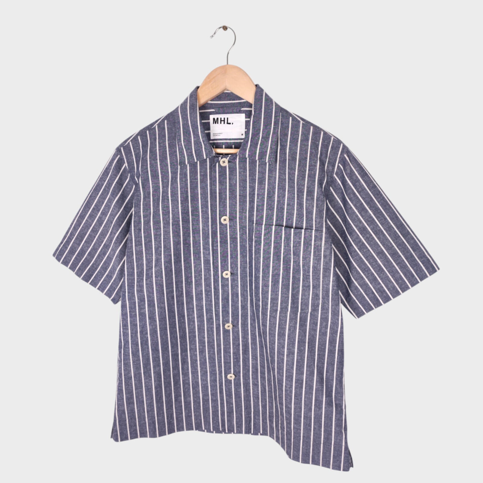 MHL MARGARET HOWELL Men's Blue Short Sleeved Striped Cotton/Linen Shirt