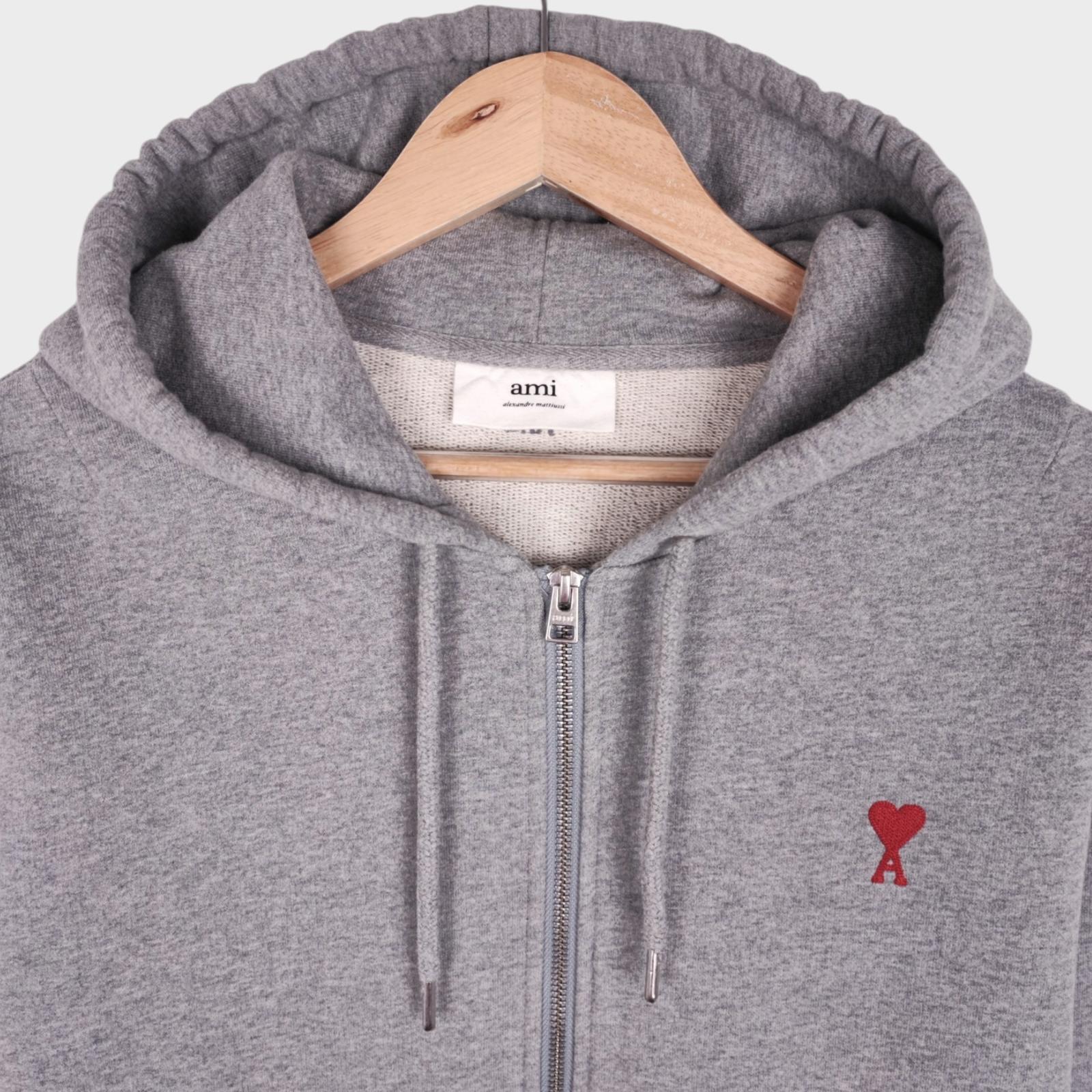 AMI PARIS Men's Grey Embroidered Heart Heavyweight Zip Hoodie