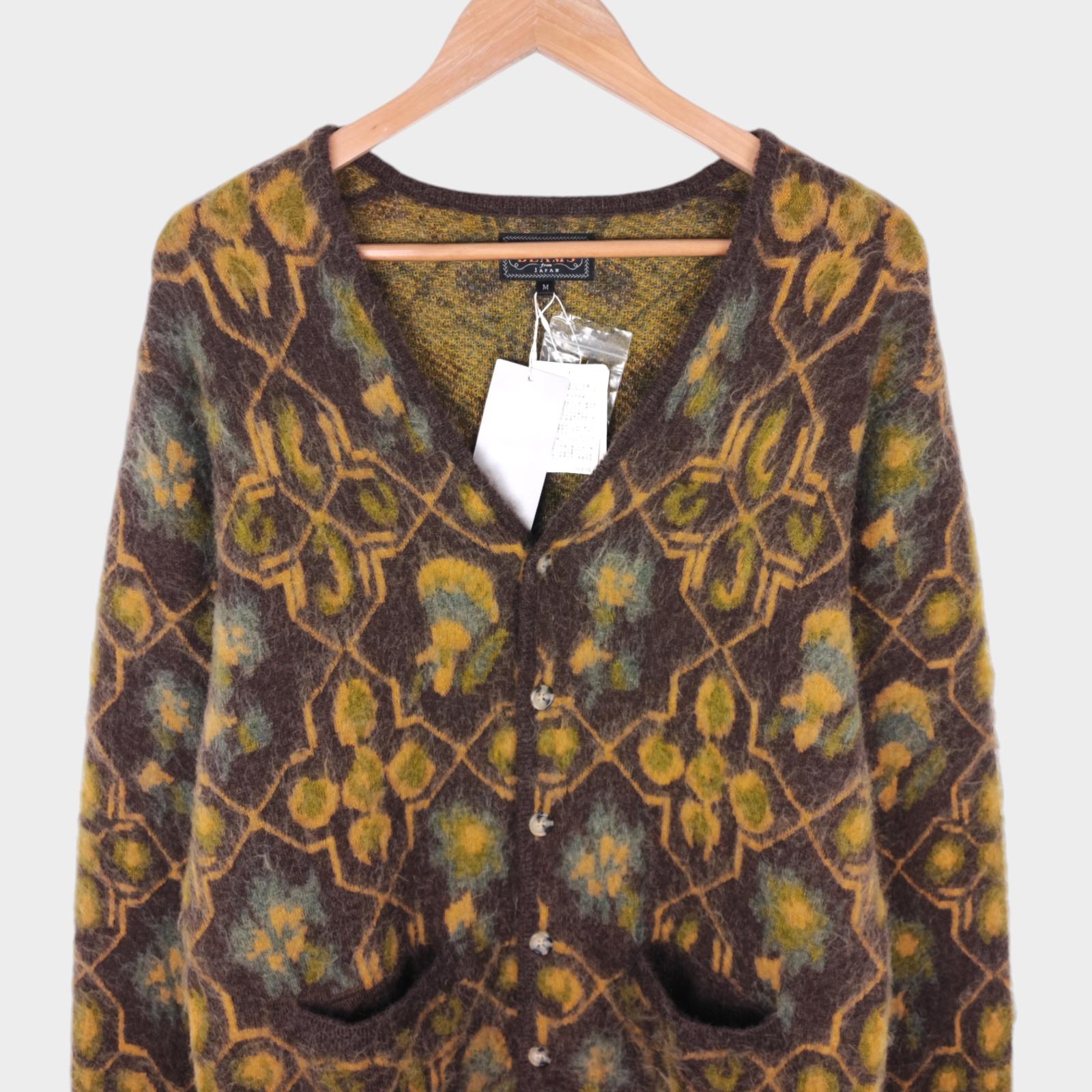 BEAMS PLUS Men's Mohair Blend Shaggy Grunge Botanical Jacquard Cardigan