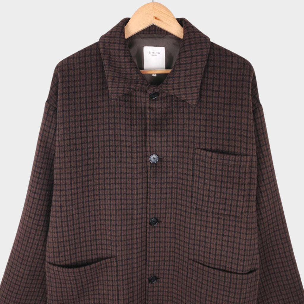 BEAMS B:MING Men's Brown Check Tasmania Wool Blend Chore Jacket