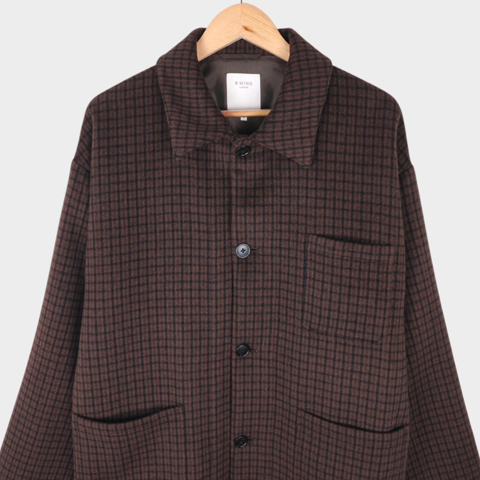 BEAMS B:MING Men's Brown Check Tasmania Wool Blend Chore Jacket