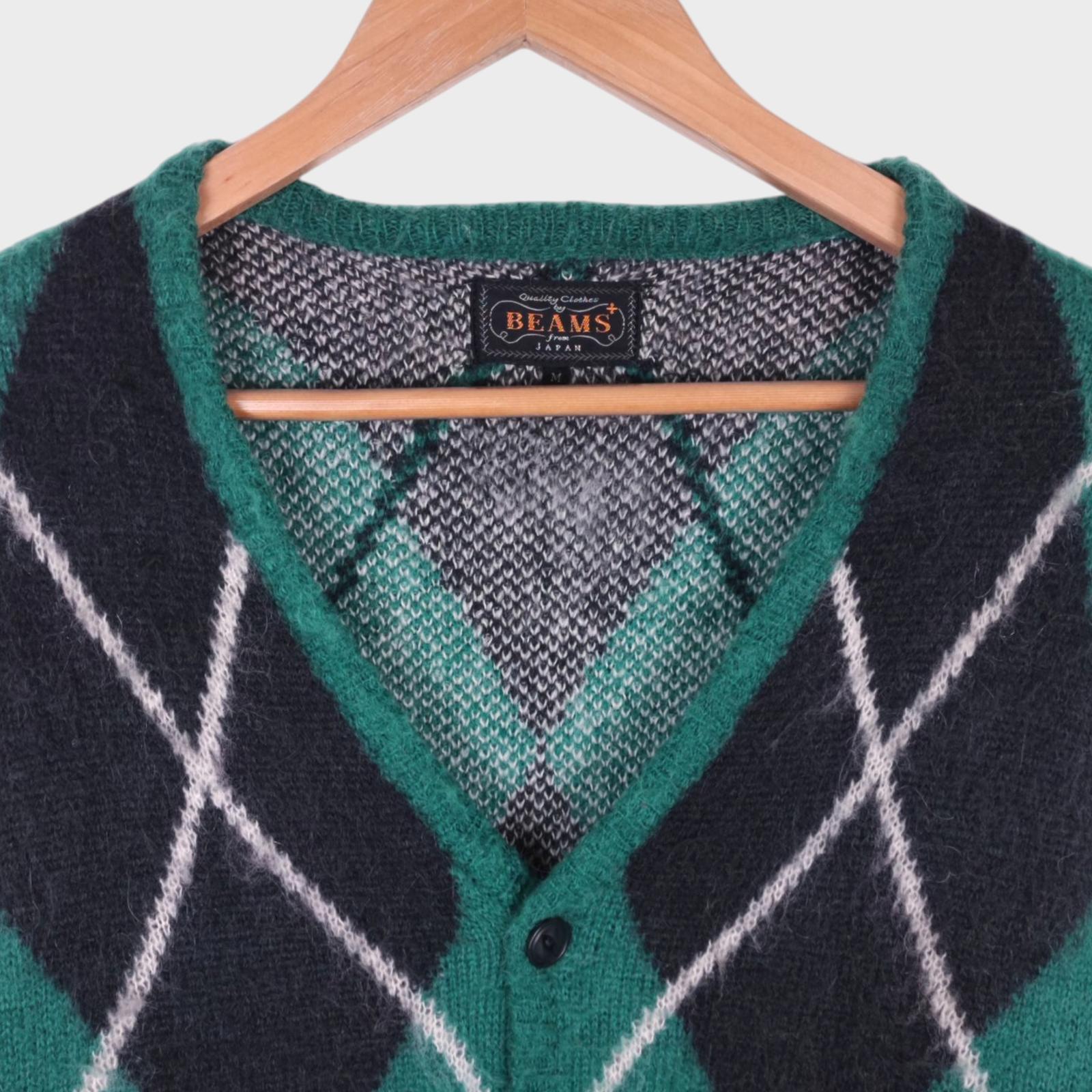 BEAMS PLUS Men's Mohair Blend Shaggy Grunge Argyle Cardigan