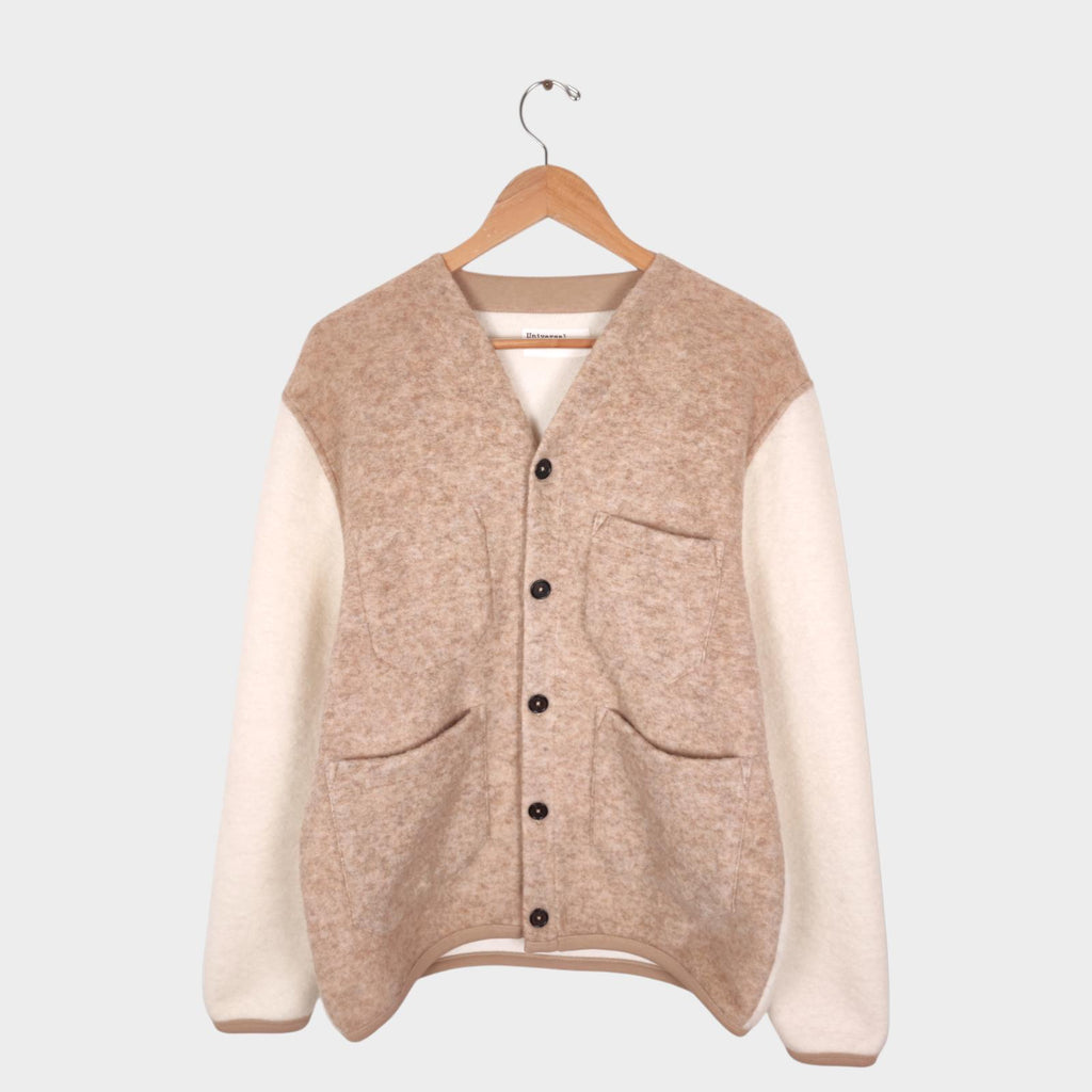 UNIVERSAL WORKS Men's Beige/Ecru Colourblock Wool Fleece Cardigan