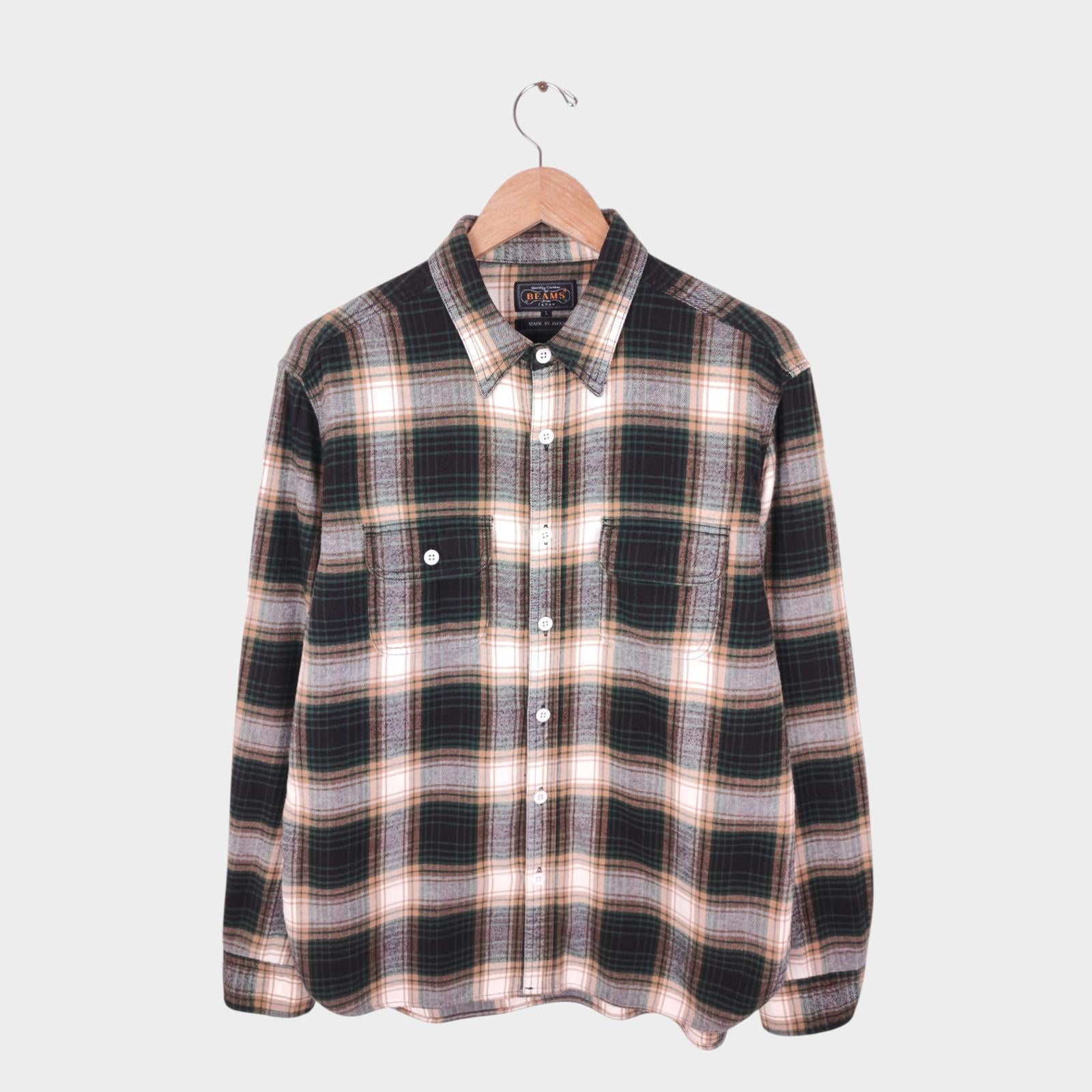 BEAMS PLUS Men's Made in Japan Cotton Wool Blend Checked Flannel Shirt