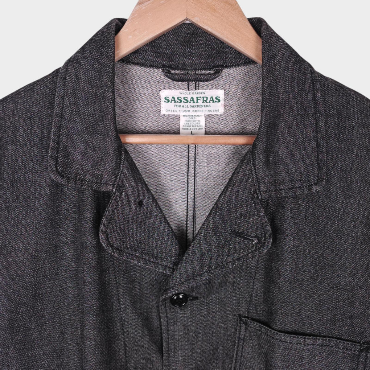SASSAFRAS Men's Made in Japan Grey Denim Sprayer Chore Jacket