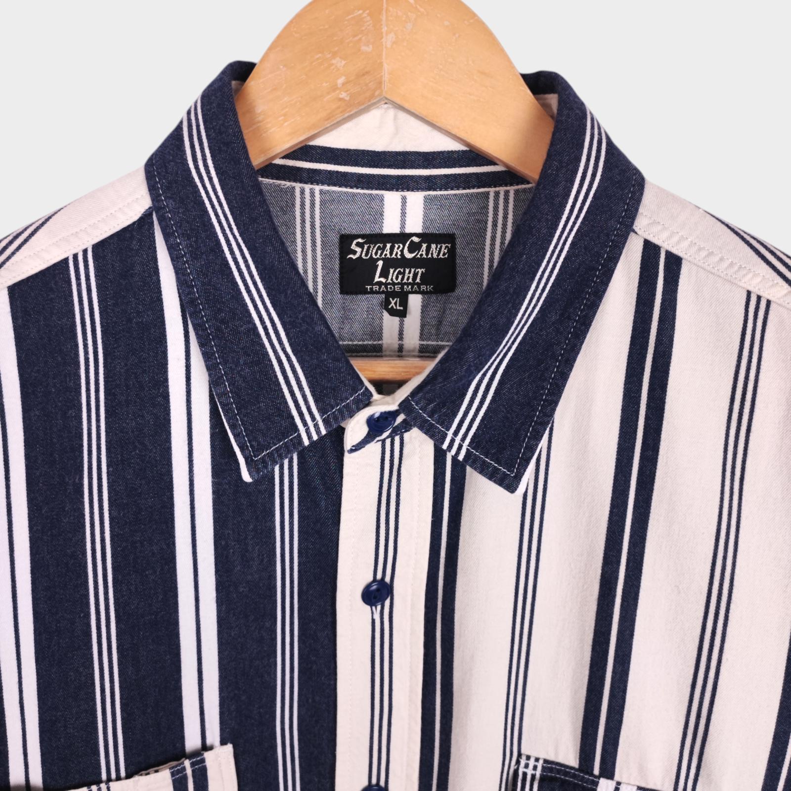 SUGAR CANE Men's Made in Japan Cream/Navy Striped Panelled Shirt