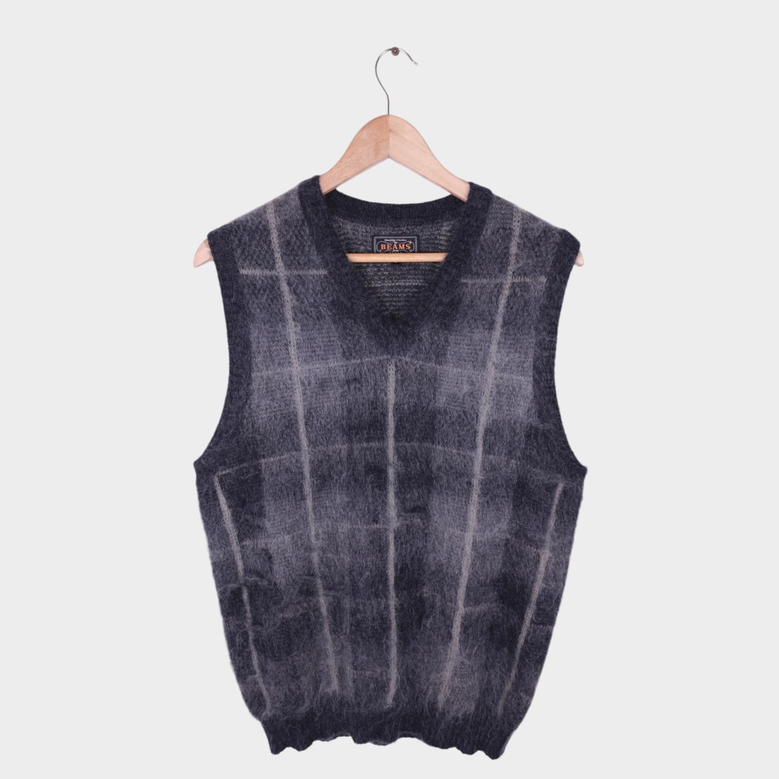 BEAMS PLUS Men's Grey Check Shaggy Mohair Wool Blend Vest