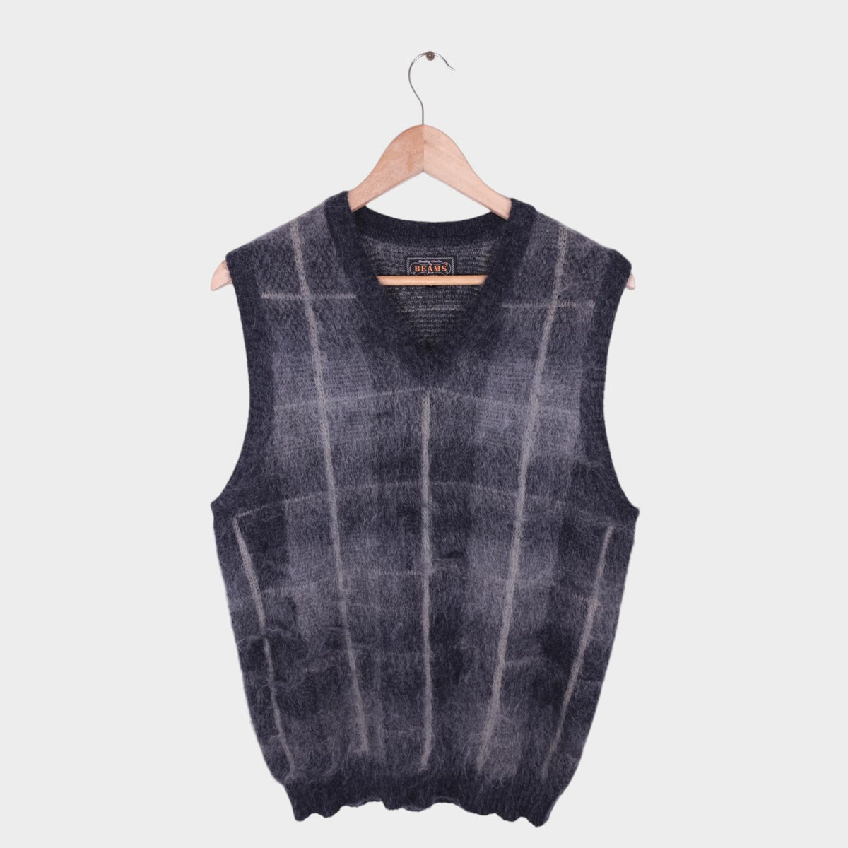 BEAMS PLUS Men's Grey Check Shaggy Mohair Wool Blend Vest