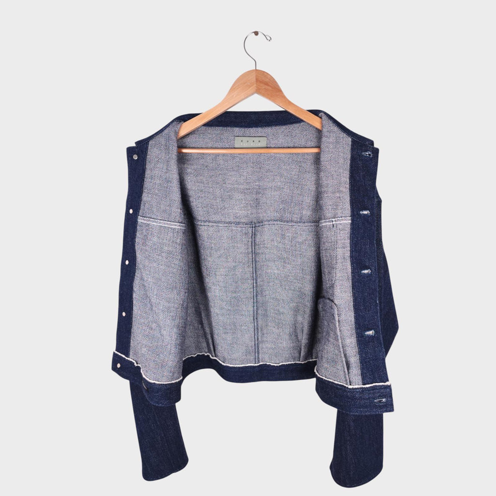KURO Men's Blue Made in Japan Cropped Boxy Fit Raw Oversized Sleeve Denim Jacket