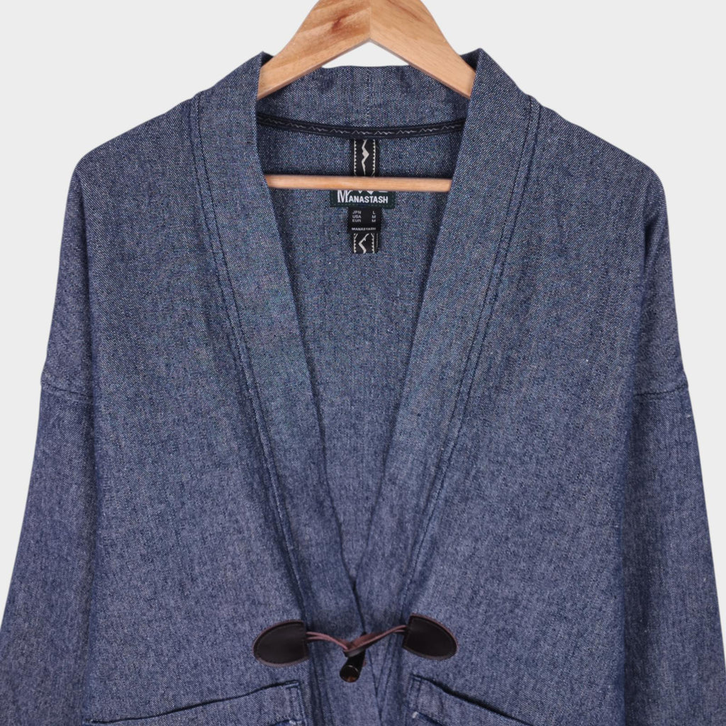 MANASTASH Men's Blue Hemp/Cotton Blend Heavyweight Denim Kimono Jacket