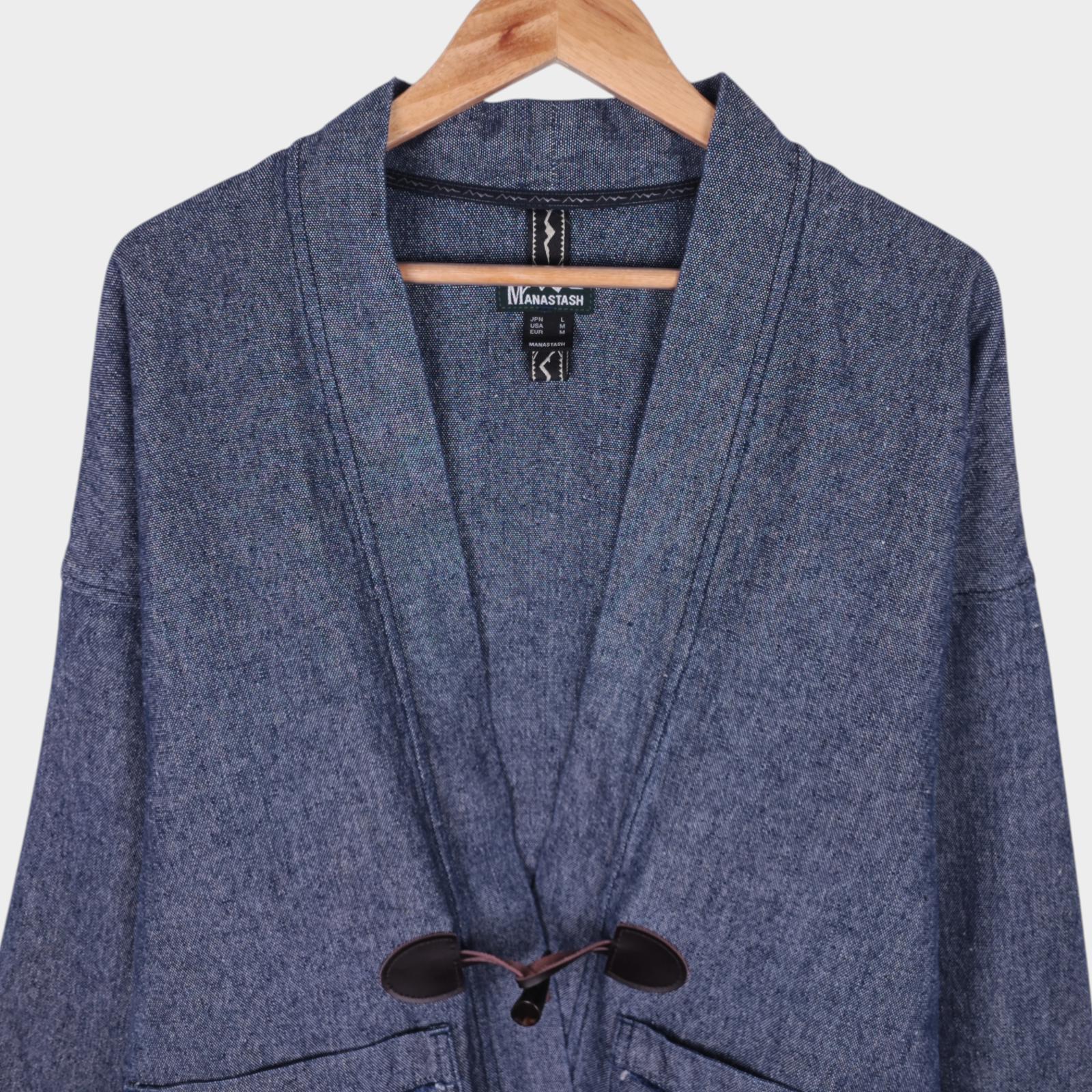 MANASTASH Men's Blue Hemp/Cotton Blend Heavyweight Denim Kimono Jacket