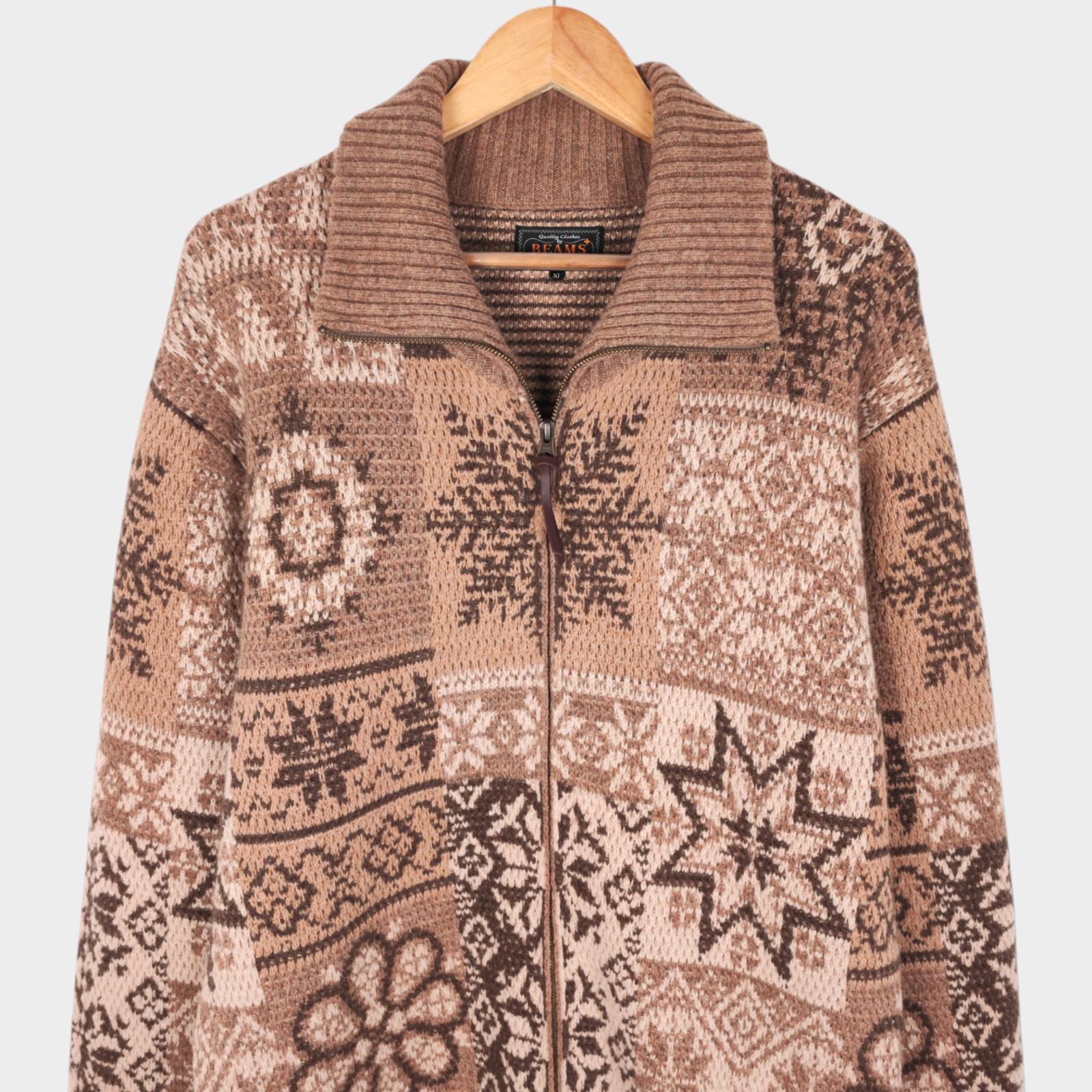 BEAMS PLUS Men's Beige 100% Heavyweight Wool Jacquard Patchwork Jacket