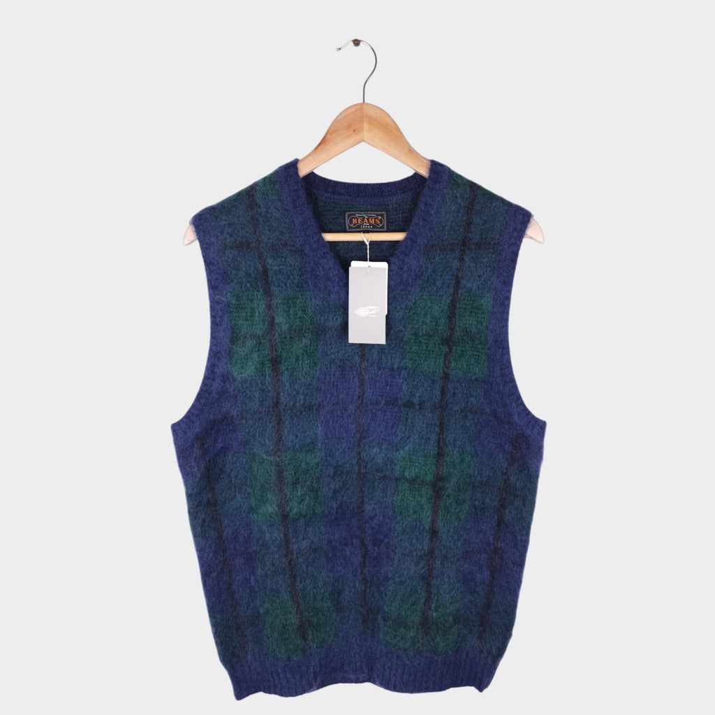 BEAMS PLUS Men's Navy/Green Check Shaggy Mohair Wool Blend Vest