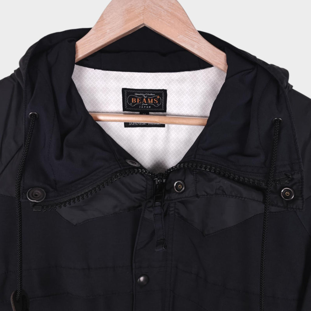 BEAMS PLUS Men's Black 60/40 Cotton Nylon Hooded Mountain Parka Jacket
