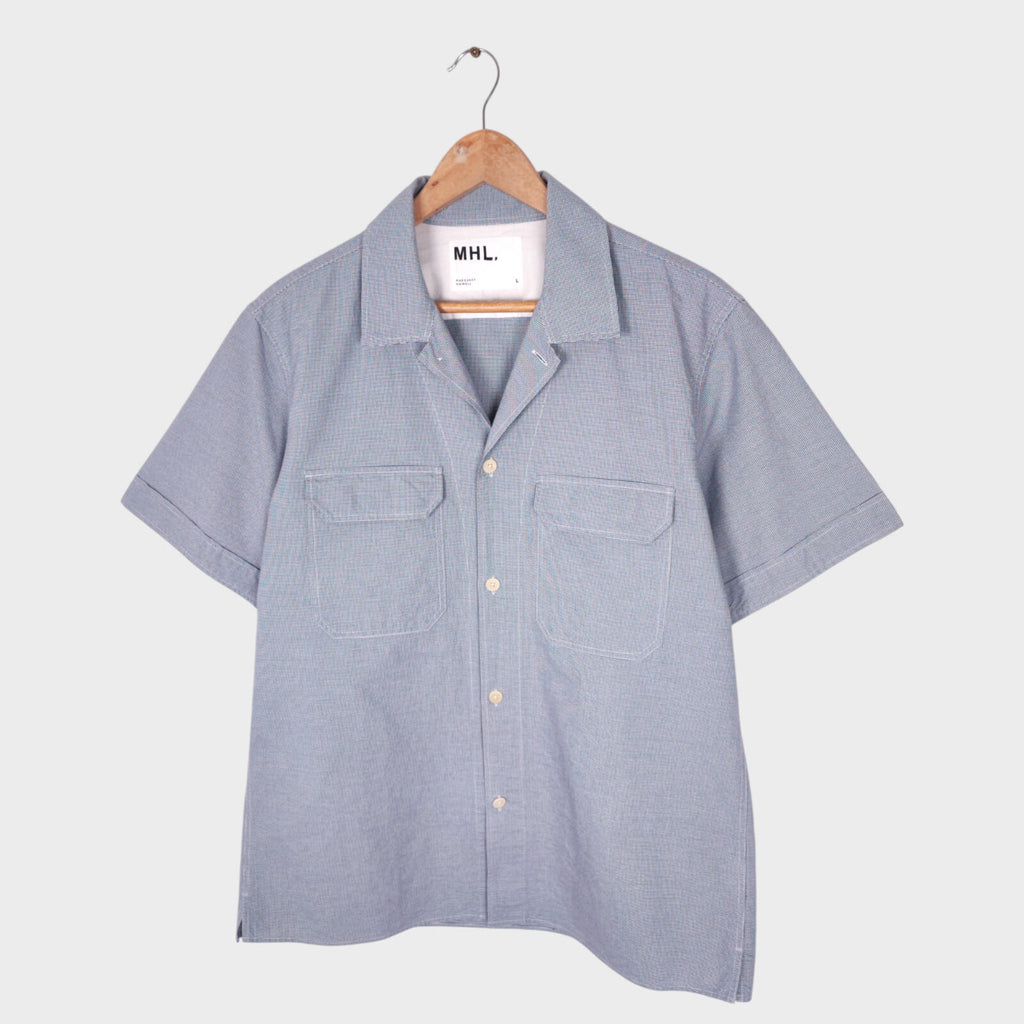 MHL MARGARET HOWELL Men's Blue Short Sleeved Micro Dogtooth Shirt