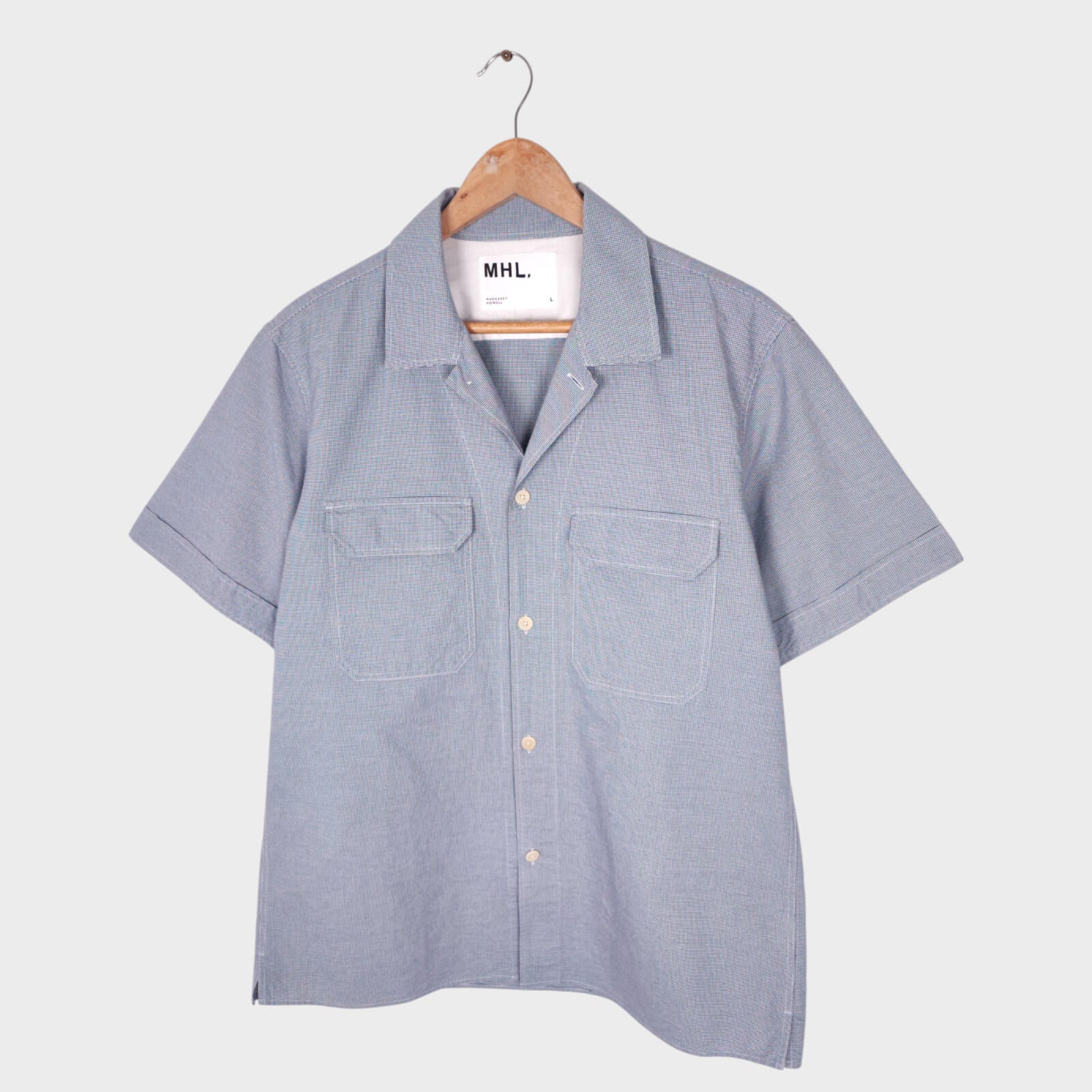 MHL MARGARET HOWELL Men's Blue Short Sleeved Micro Dogtooth Shirt
