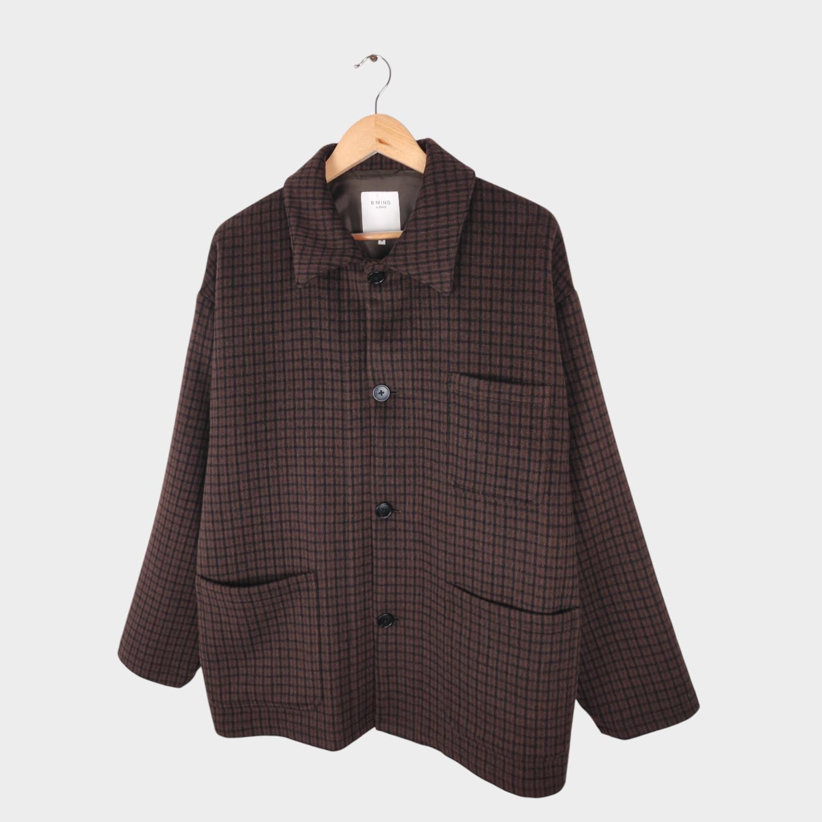 BEAMS B:MING Men's Brown Check Tasmania Wool Blend Chore Jacket