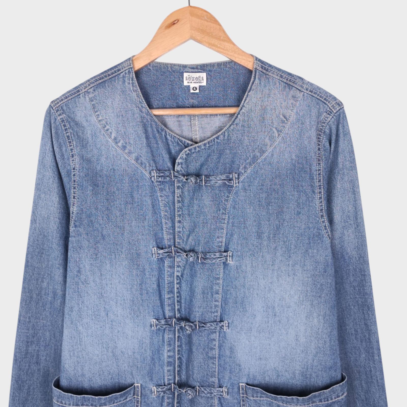 AOZORA BLUE HEAVEN Japan Men's Blue Vintage Wash Denim Chinese Kung Fu Jacket