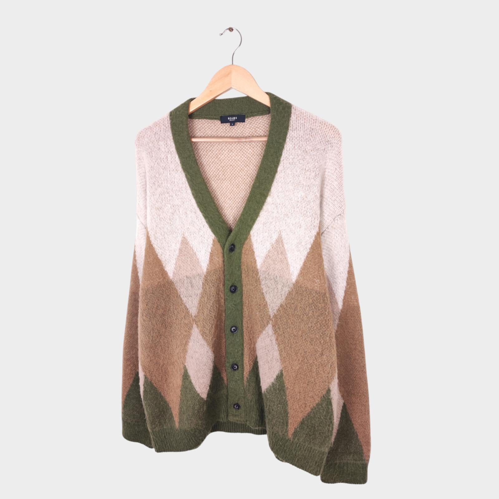 BEAMS HEART Men's Mohair Wool Blend Shaggy Grunge Argyle Cardigan