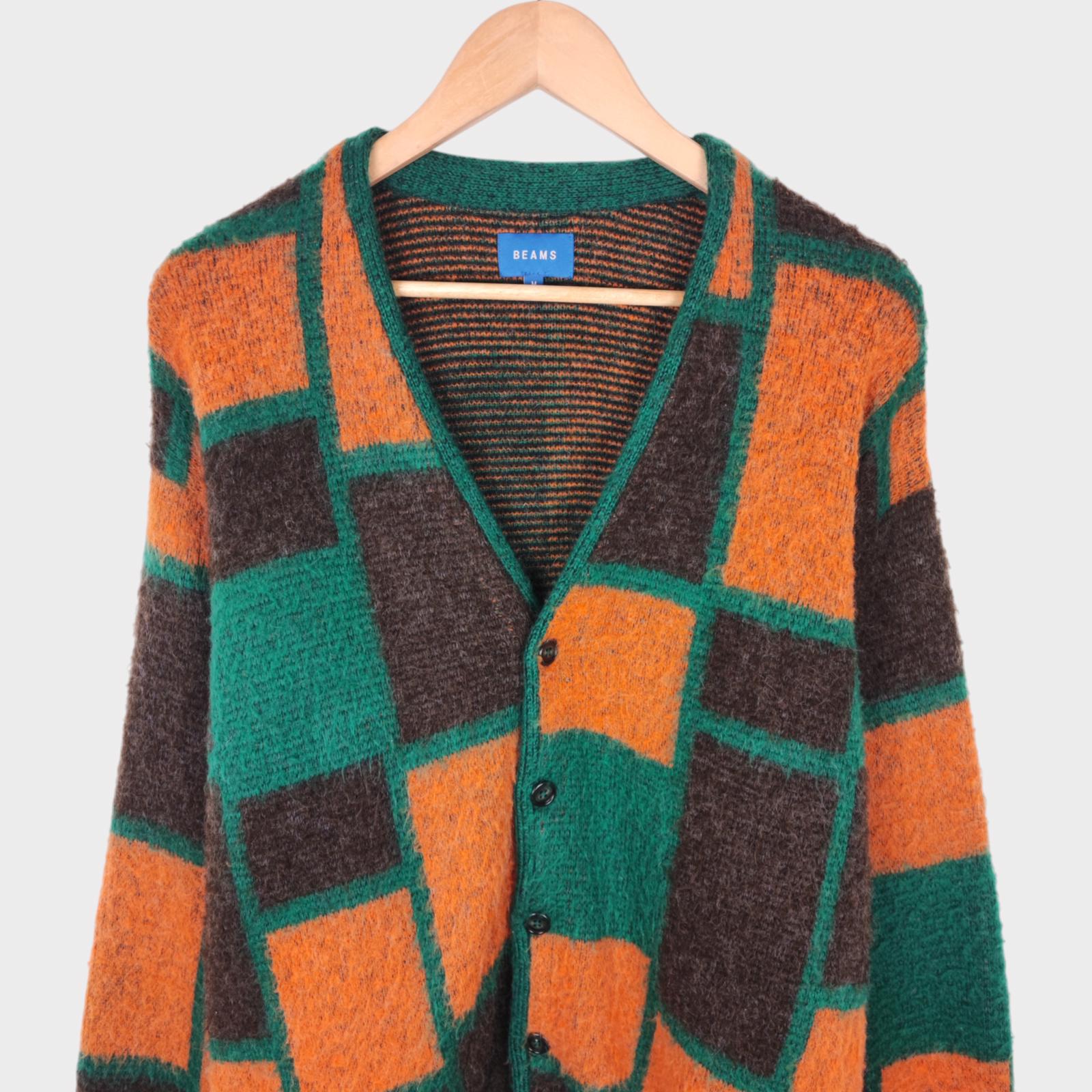 BEAMS Men's Colourblock Mohair Blend Shaggy Grunge Cardigan