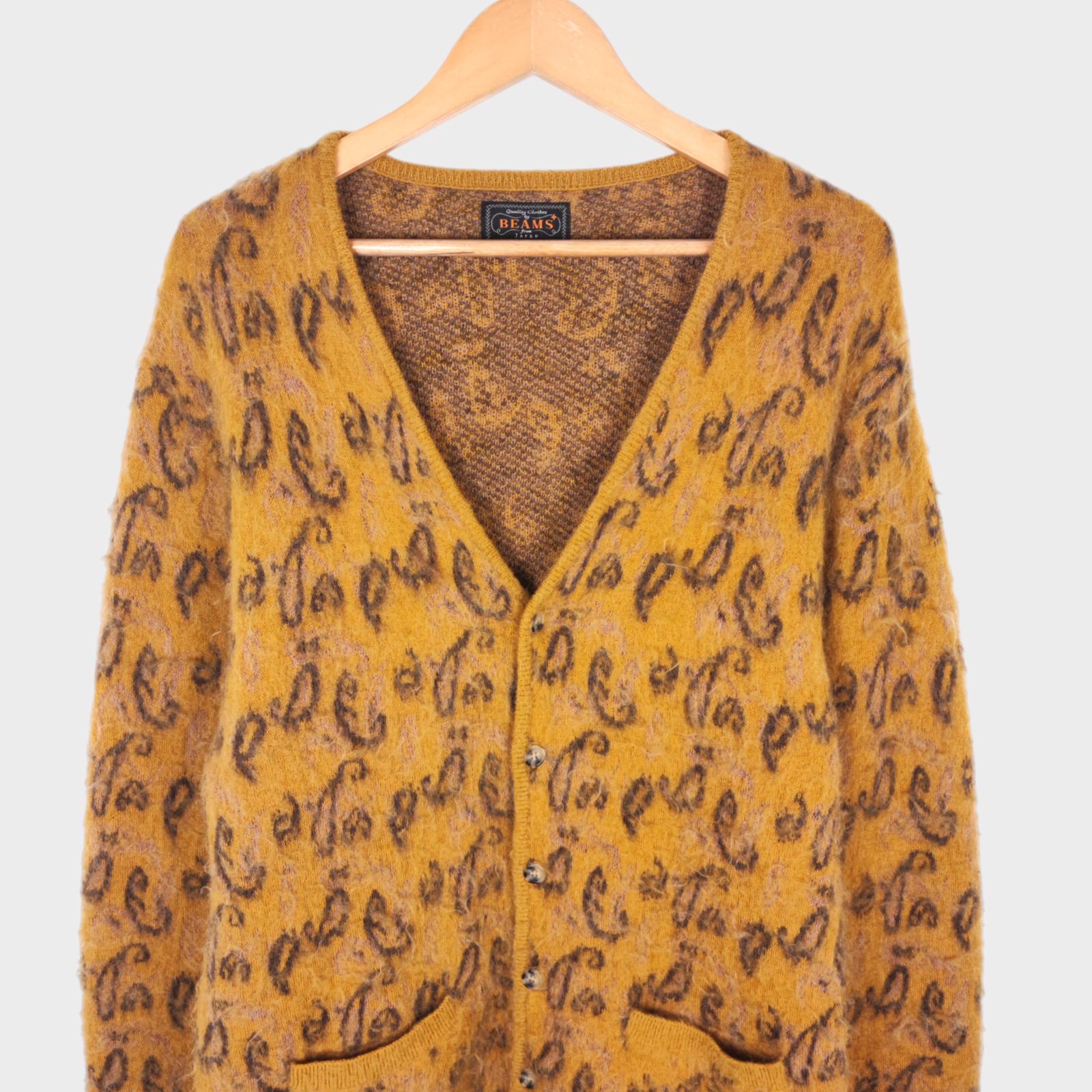 BEAMS PLUS Men's Mohair Blend Shaggy Grunge Botanical Jacquard Cardigan