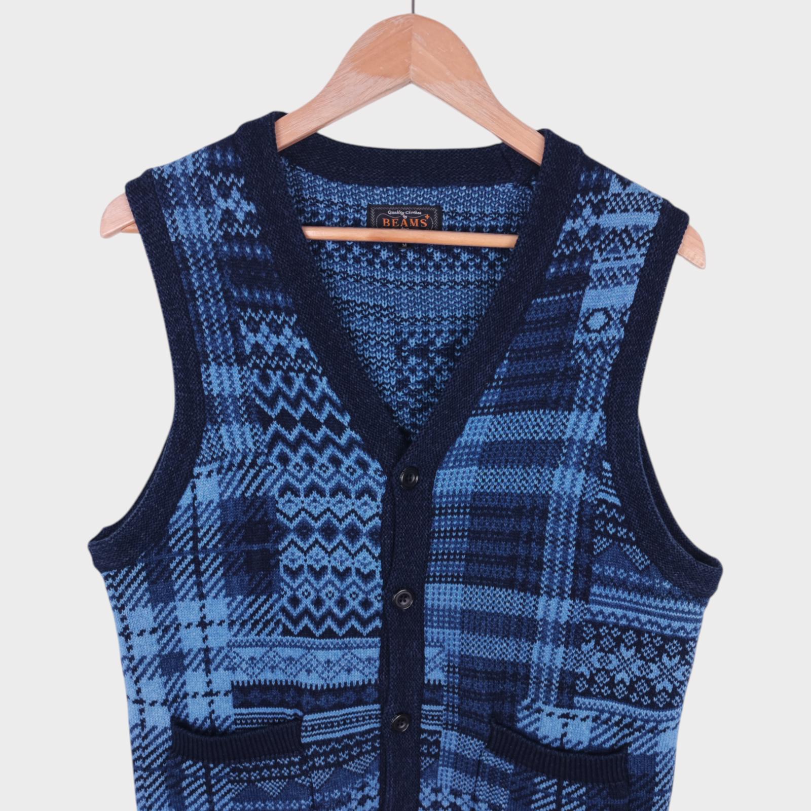 BEAMS PLUS Men's Heavyweight Cotton Knitted Nordic Patchwork Vest
