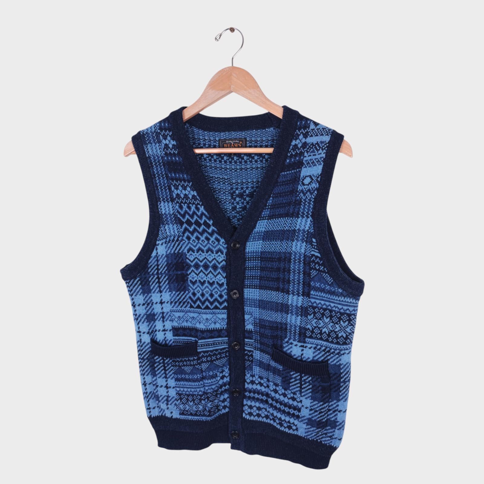 BEAMS PLUS Men's Heavyweight Cotton Knitted Nordic Patchwork Vest