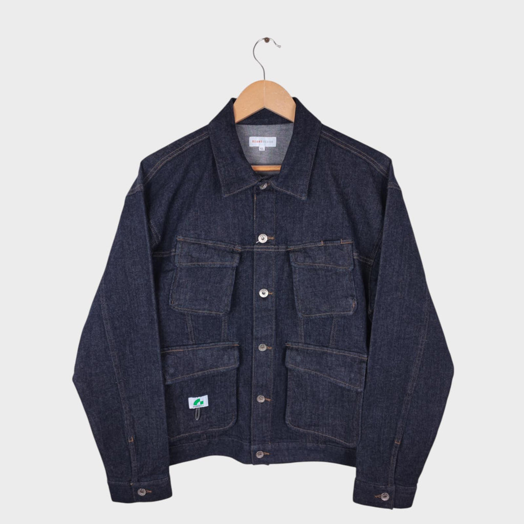 BEAMS Men's Dark Blue Cropped Denim Utility Chore Jacket