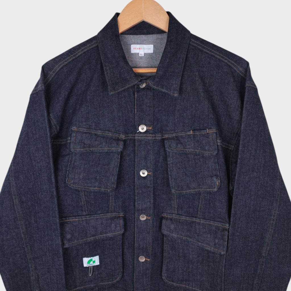 BEAMS Men's Dark Blue Cropped Denim Utility Chore Jacket