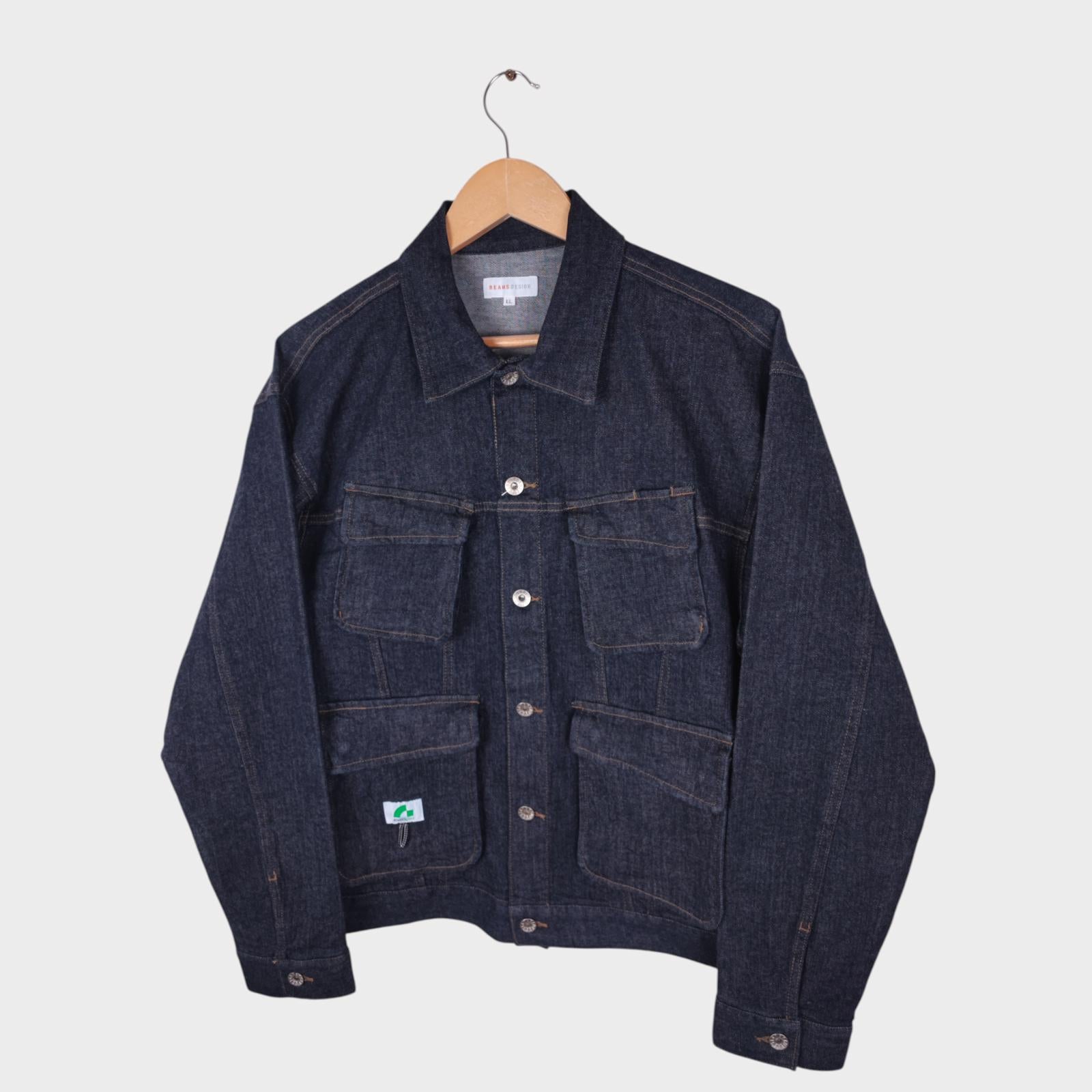 BEAMS Men's Dark Blue Cropped Denim Utility Chore Jacket