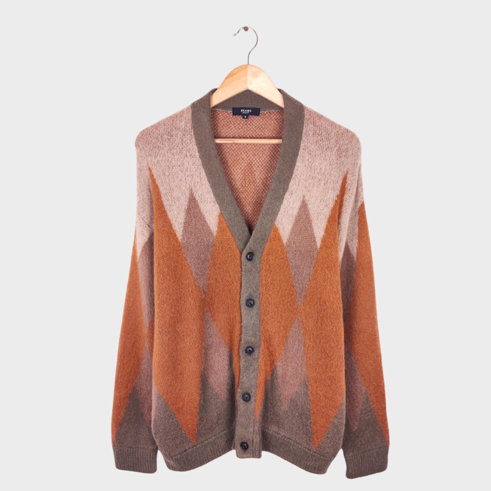 BEAMS HEART Men's Mohair Blend Shaggy Grunge Argyle Cardigan