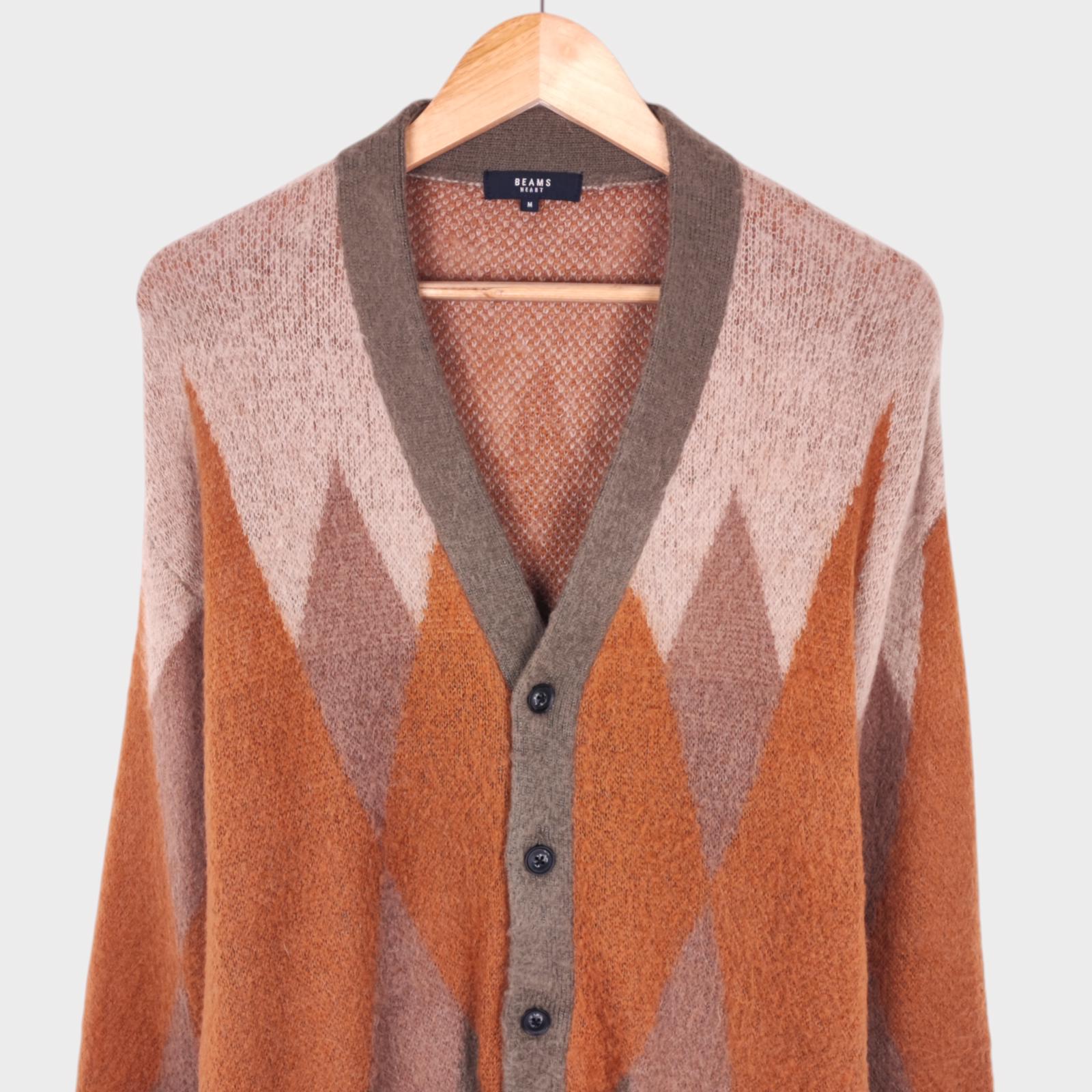 BEAMS HEART Men's Mohair Blend Shaggy Grunge Argyle Cardigan