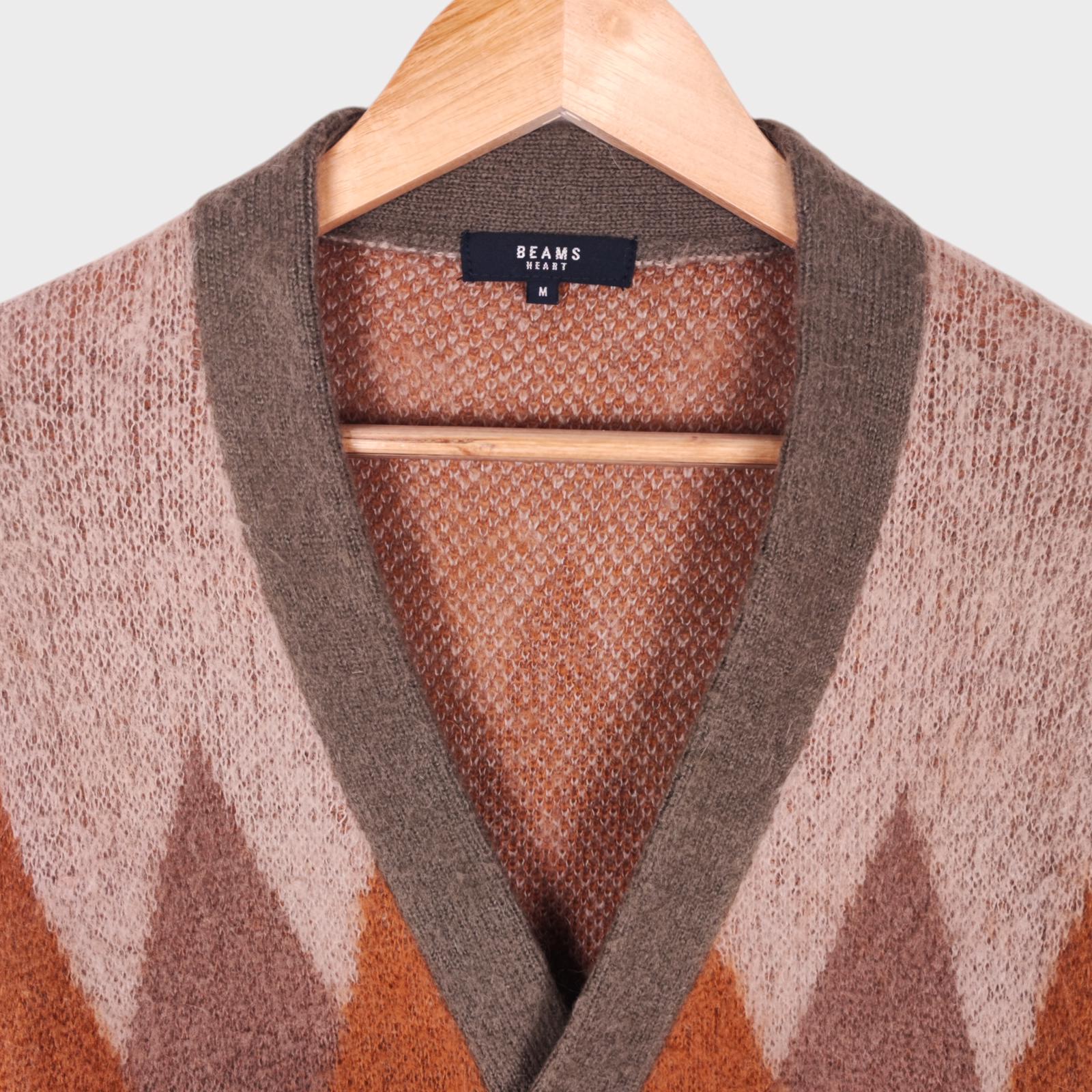 BEAMS HEART Men's Mohair Blend Shaggy Grunge Argyle Cardigan