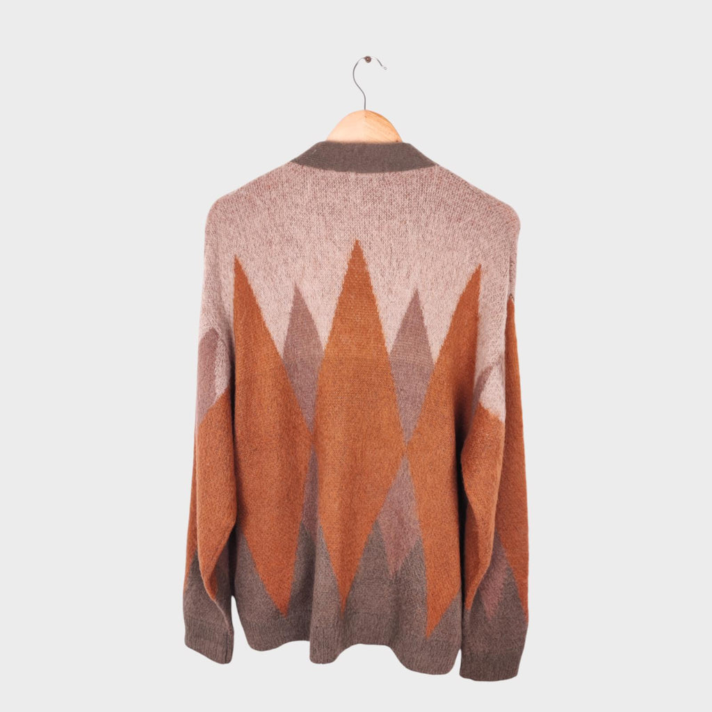 BEAMS HEART Men's Mohair Blend Shaggy Grunge Argyle Cardigan
