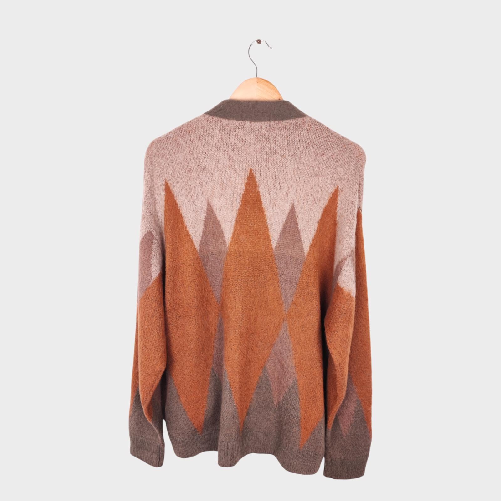 BEAMS HEART Men's Mohair Blend Shaggy Grunge Argyle Cardigan