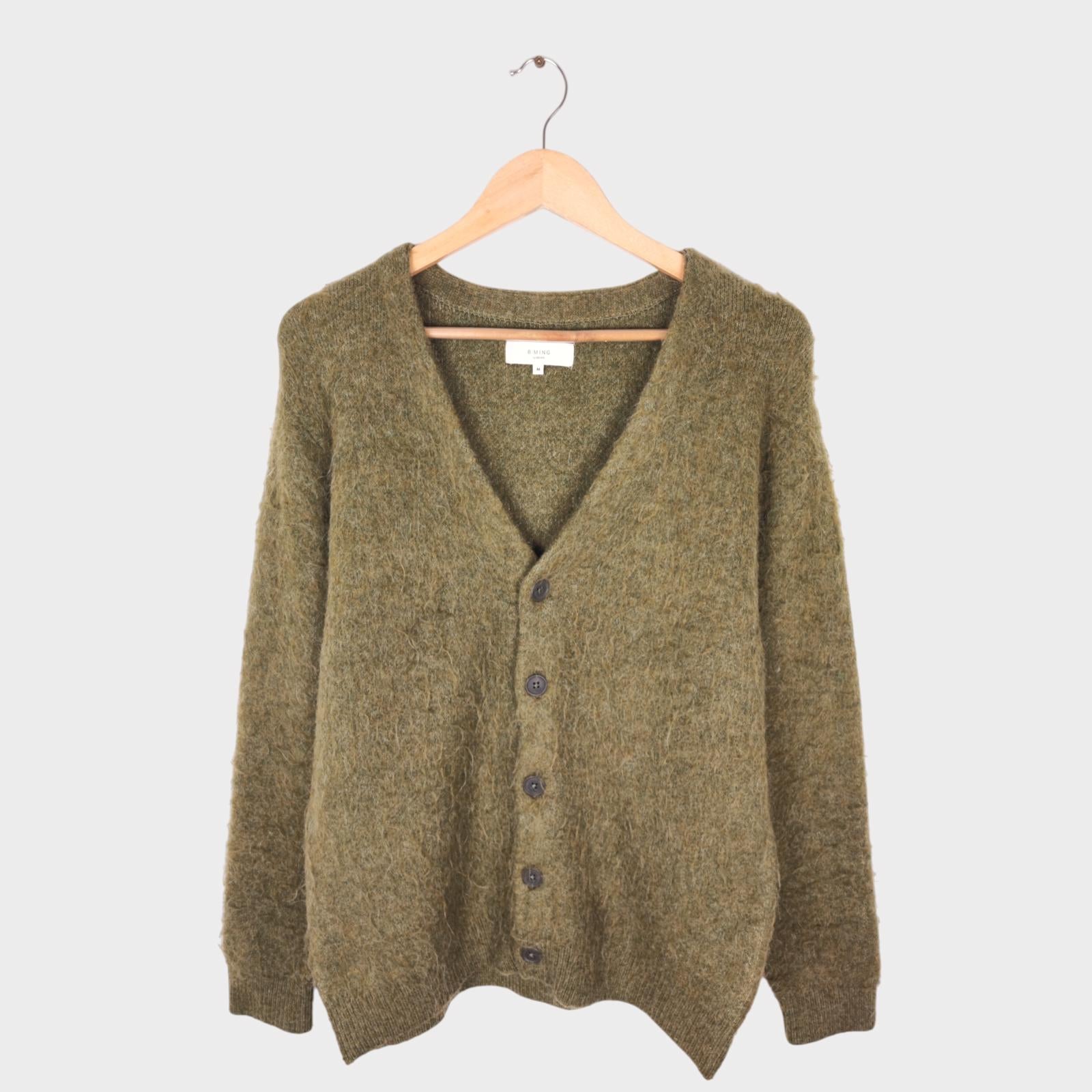 BEAMS B:MING Men's Green Mohair Blend Shaggy Grunge Cardigan