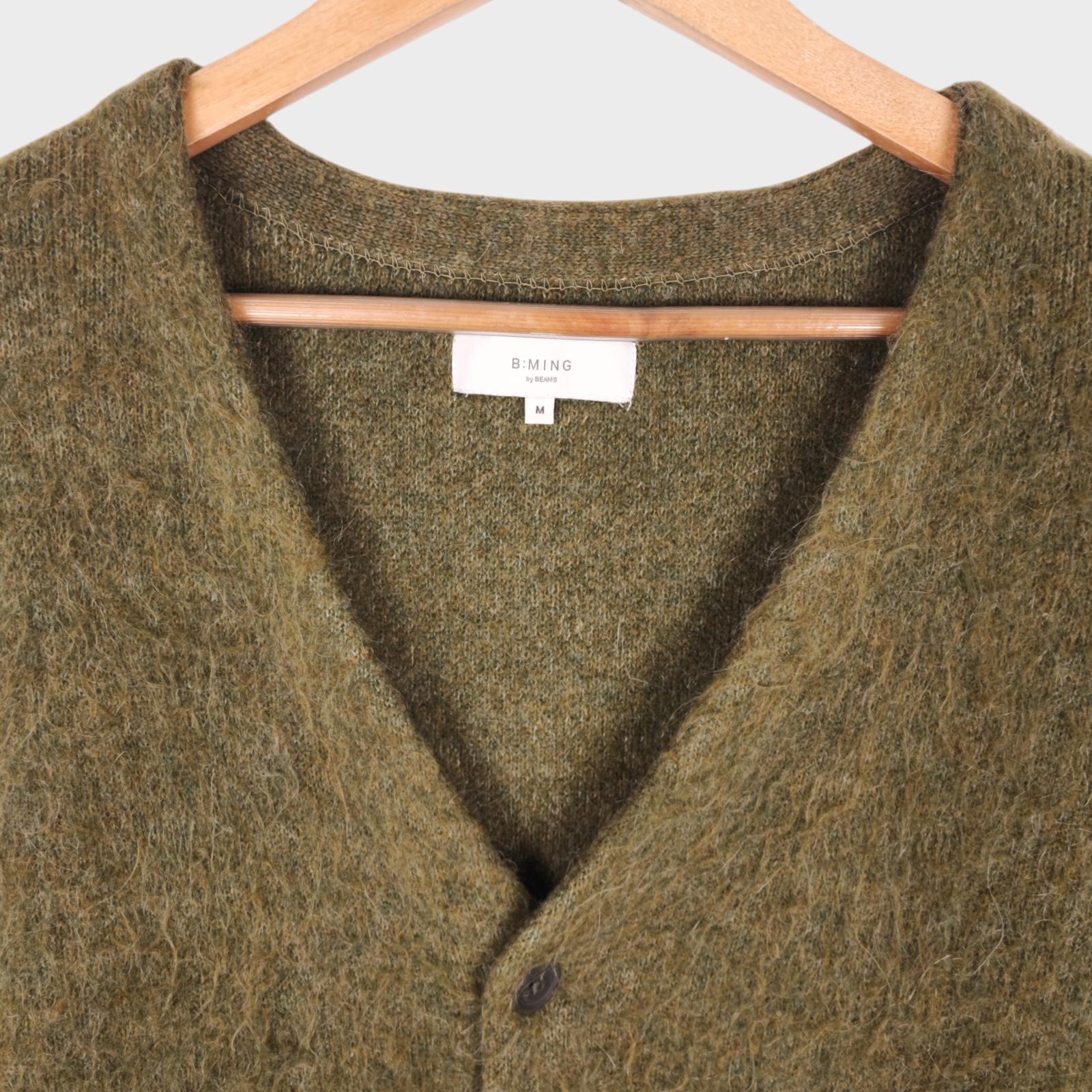 BEAMS B:MING Men's Green Mohair Blend Shaggy Grunge Cardigan