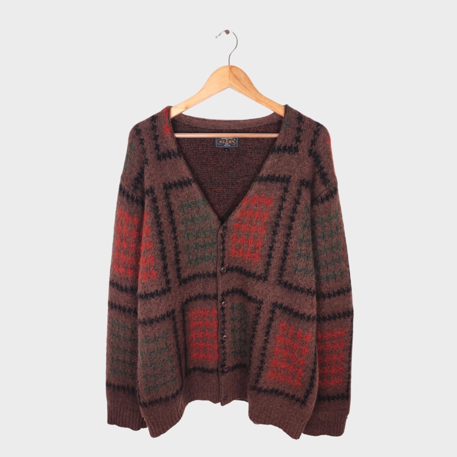 BEAMS PLUS Men's Mohair Blend Shaggy Grunge Double Jacquard Cardigan