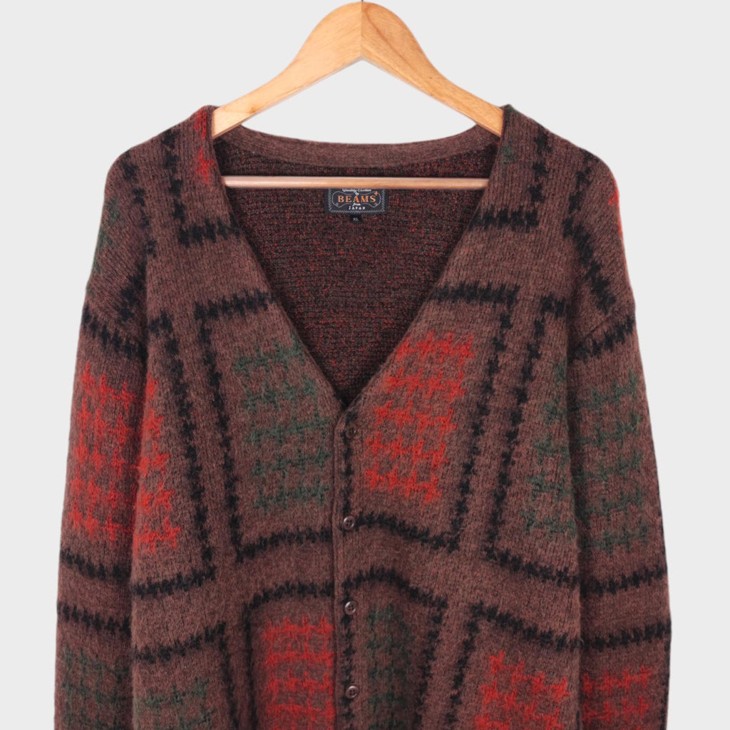 BEAMS PLUS Men's Mohair Blend Shaggy Grunge Double Jacquard Cardigan