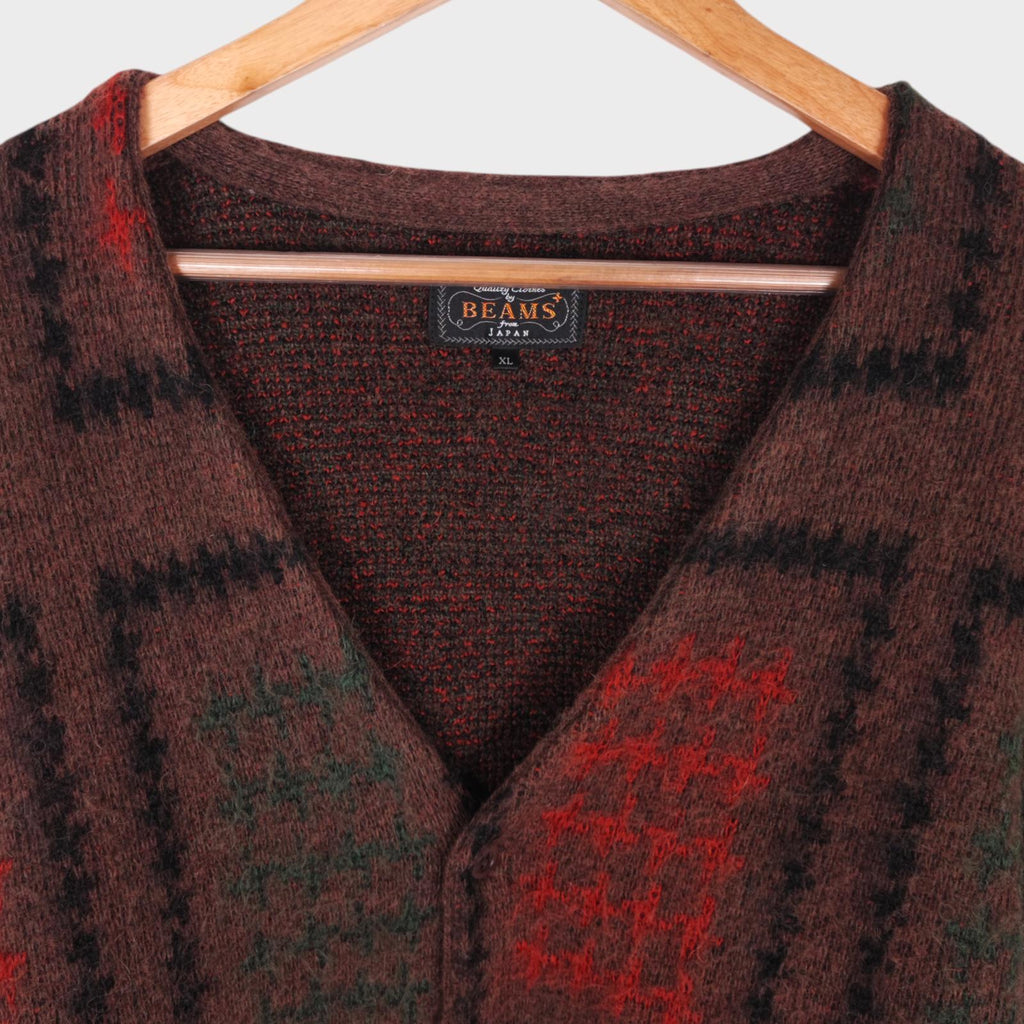 BEAMS PLUS Men's Mohair Blend Shaggy Grunge Double Jacquard Cardigan