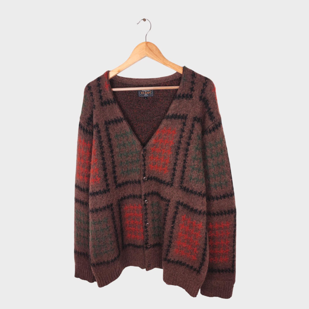 BEAMS PLUS Men's Mohair Blend Shaggy Grunge Double Jacquard Cardigan