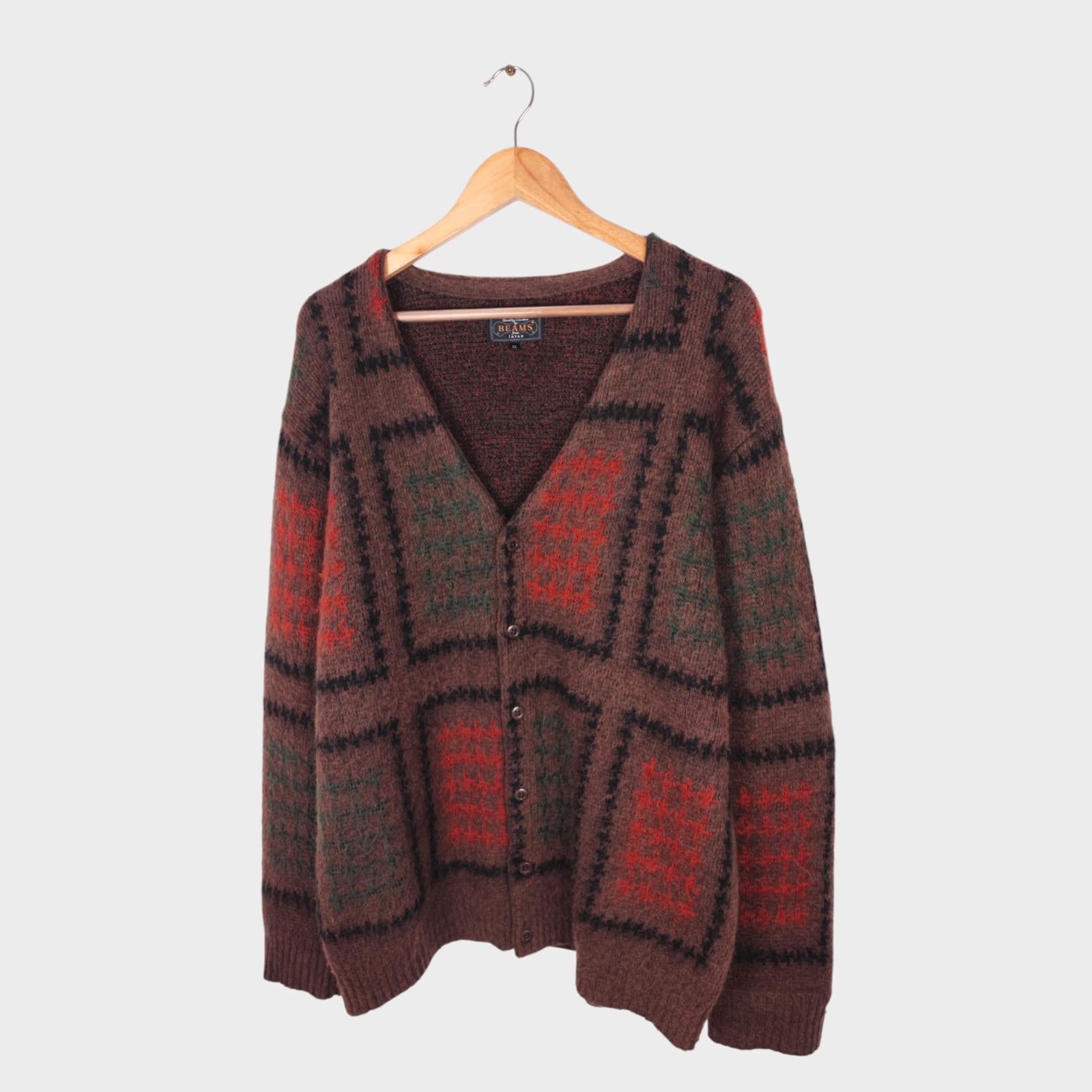 BEAMS PLUS Men's Mohair Blend Shaggy Grunge Double Jacquard Cardigan