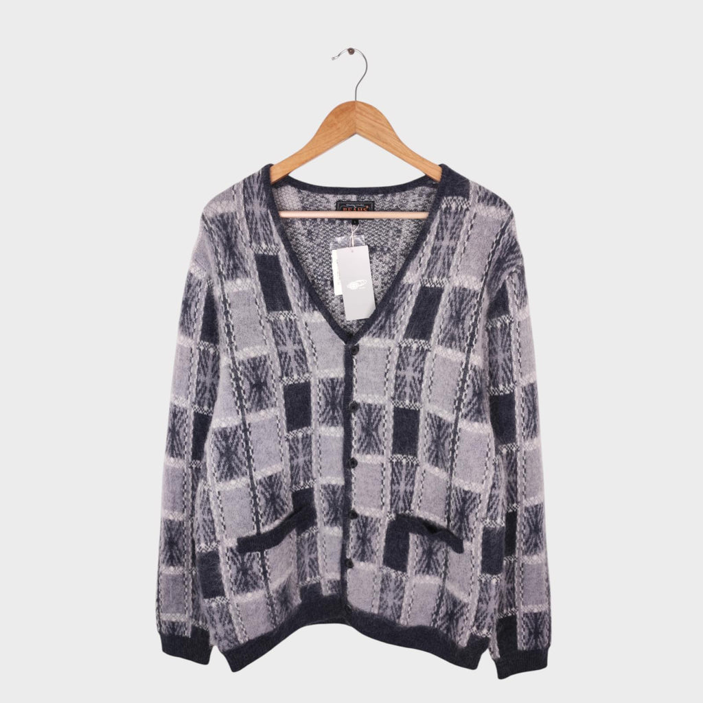 BEAMS PLUS Men's Mohair Blend Shaggy Grunge Geometric Jacquard Cardigan