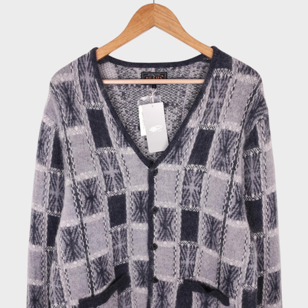 BEAMS PLUS Men's Mohair Blend Shaggy Grunge Geometric Jacquard Cardigan