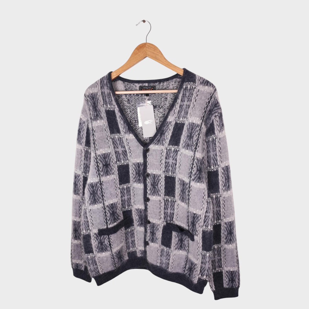BEAMS PLUS Men's Mohair Blend Shaggy Grunge Geometric Jacquard Cardigan